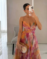Maxi Dress Women | Floral Tulle Cut-Out Waist & Spaghetti Strap Gown