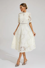 Midi Dress | Women's High-Neck Short Sleeve Embroidered Lace