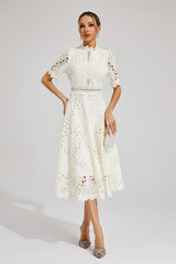 Midi Dress | Women's High-Neck Short Sleeve Embroidered Lace
