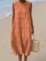 Sleeveless Midi Dress Women | Textured Embroidered Dot & Pocket Design