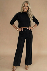 Top and Trousers Set Women | Cropped Mock Neck & Wide-Leg Co Ord