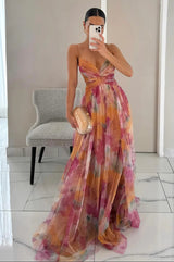 Maxi Dress Women | Floral Tulle Cut-Out Waist & Spaghetti Strap Gown