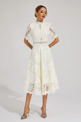 Midi Dress | Women's High-Neck Short Sleeve Embroidered Lace