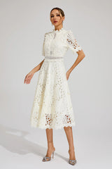 Midi Dress | Women's High-Neck Short Sleeve Embroidered Lace