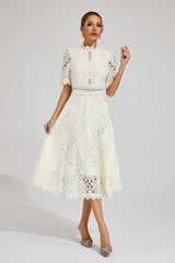 Midi Dress | Women's High-Neck Short Sleeve Embroidered Lace