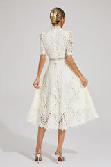 Midi Dress | Women's High-Neck Short Sleeve Embroidered Lace
