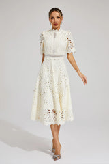 Midi Dress | Women's High-Neck Short Sleeve Embroidered Lace