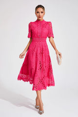 Midi Dress | Women's High-Neck Short Sleeve Embroidered Lace