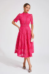 Midi Dress | Women's High-Neck Short Sleeve Embroidered Lace