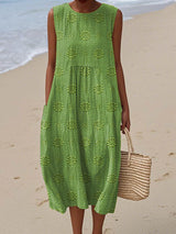 Sleeveless Midi Dress Women | Textured Embroidered Dot & Pocket Design