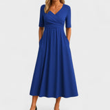 Midi Dress Women | Wrap V-Neck & Ruched Waist A-Line Design