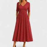 Midi Dress Women | Wrap V-Neck & Ruched Waist A-Line Design