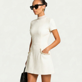 Mini Dress Women | Pearl Trim Collar & Tweed A-Line Design