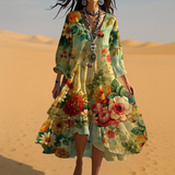 Boho Midi Dress | Women's Floral V-Neck Tiered Midi Dress